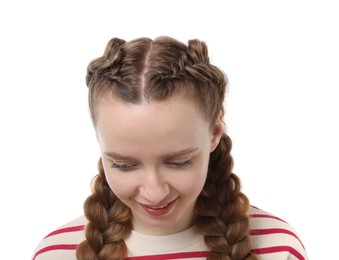 Woman with braided hair on white background