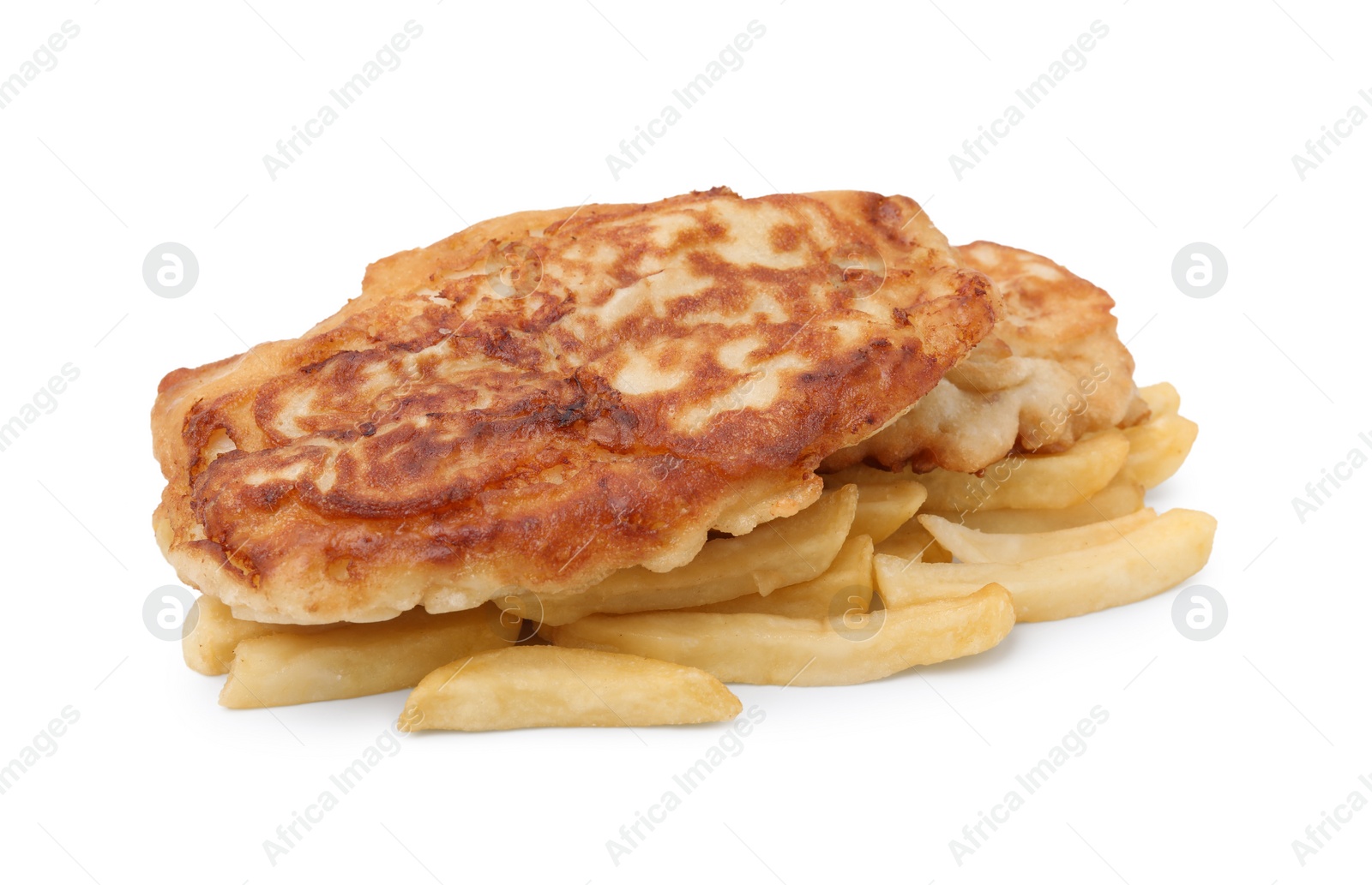 Photo of Tasty fish in soda water batter and potato chips isolated on white