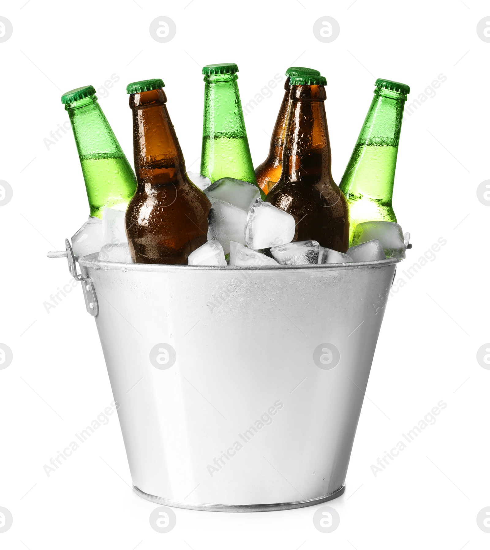 Photo of Metal bucket with different bottles of beer and ice cubes on white background