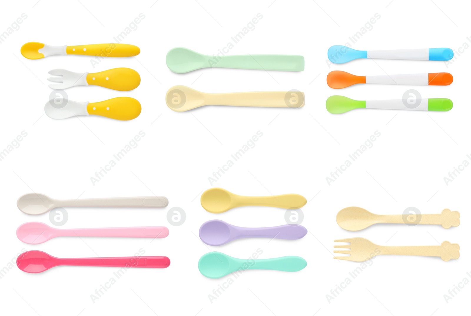 Image of Set with colorful cutlery on white background, top view. Serving baby food