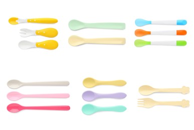 Image of Set with colorful cutlery on white background, top view. Serving baby food