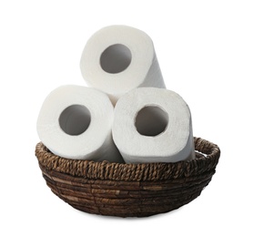 Photo of Rolls of paper tissues in basket on white background