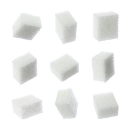 Image of Set with cubes of sugar on white background