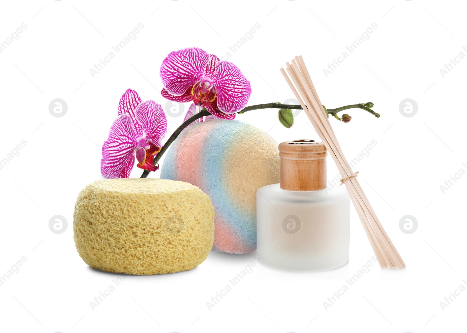 Image of Beautiful composition with shower sponge, reed diffuser and orchid flowers on white background. Spa therapy