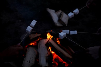 People roasting marshmallows on bonfire outdoors at night, above view