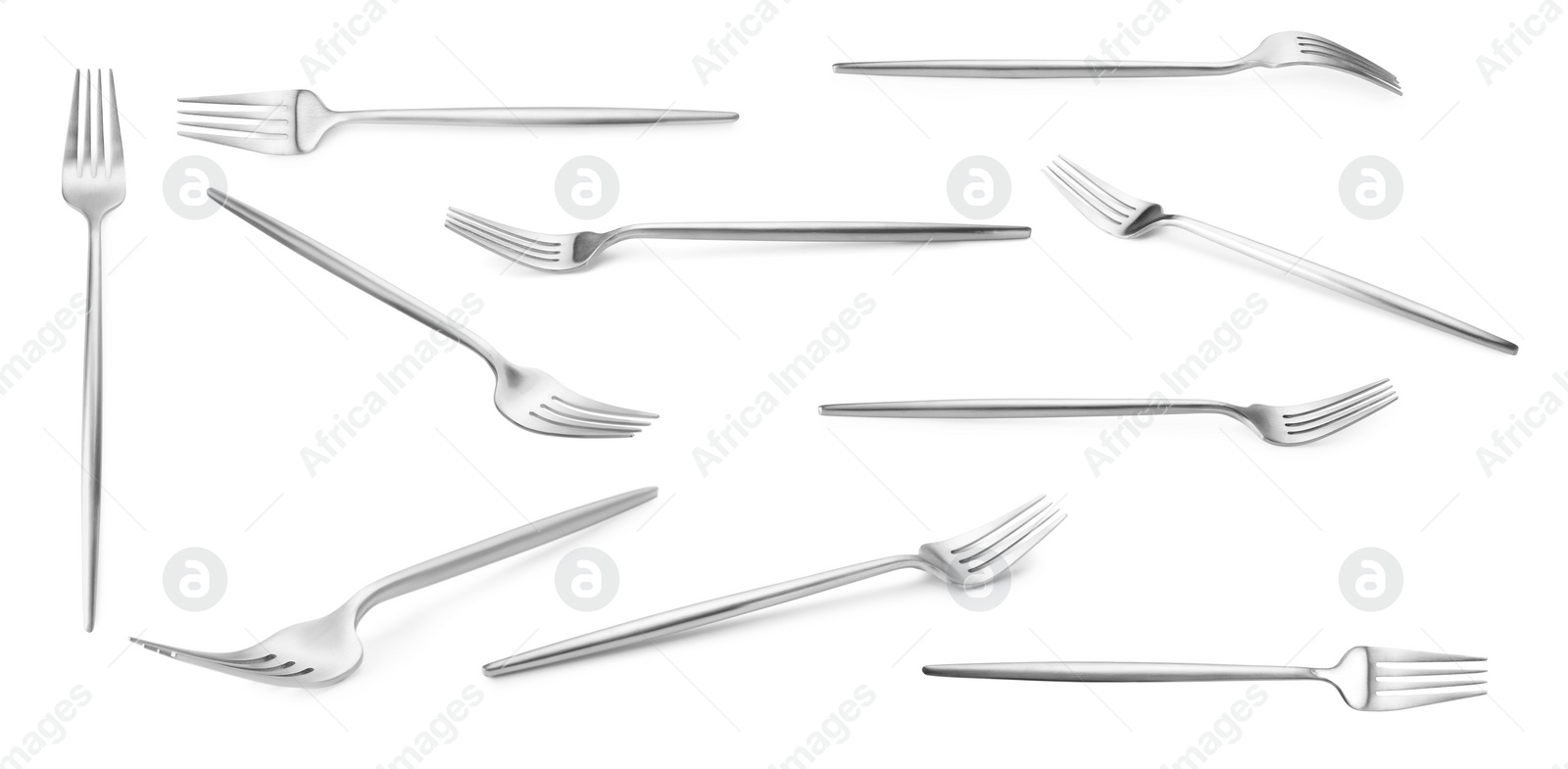 Image of Shiny silver forks isolated on white, set