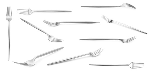 Image of Shiny silver forks isolated on white, set