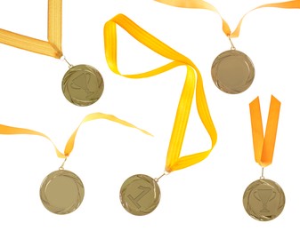 Gold medals with ribbons isolated on white, set