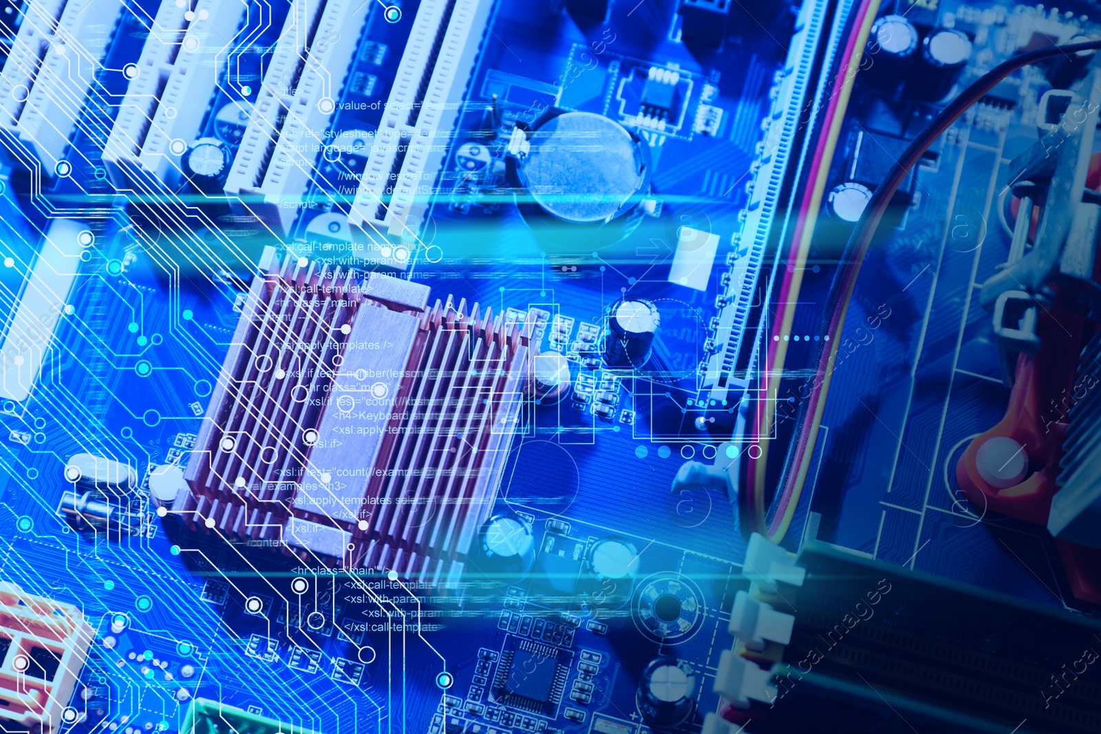 Image of Computer motherboard as background, closeup. Electronic device