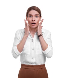 Photo of Beautiful emotional businesswoman posing on white background