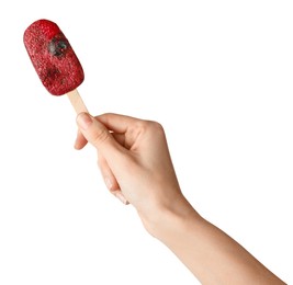 Photo of Woman holding tasty berry ice pop on white background, closeup. Fruit popsicle