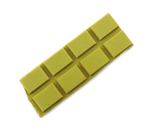 Piece of tasty matcha chocolate bar isolated on white, top view