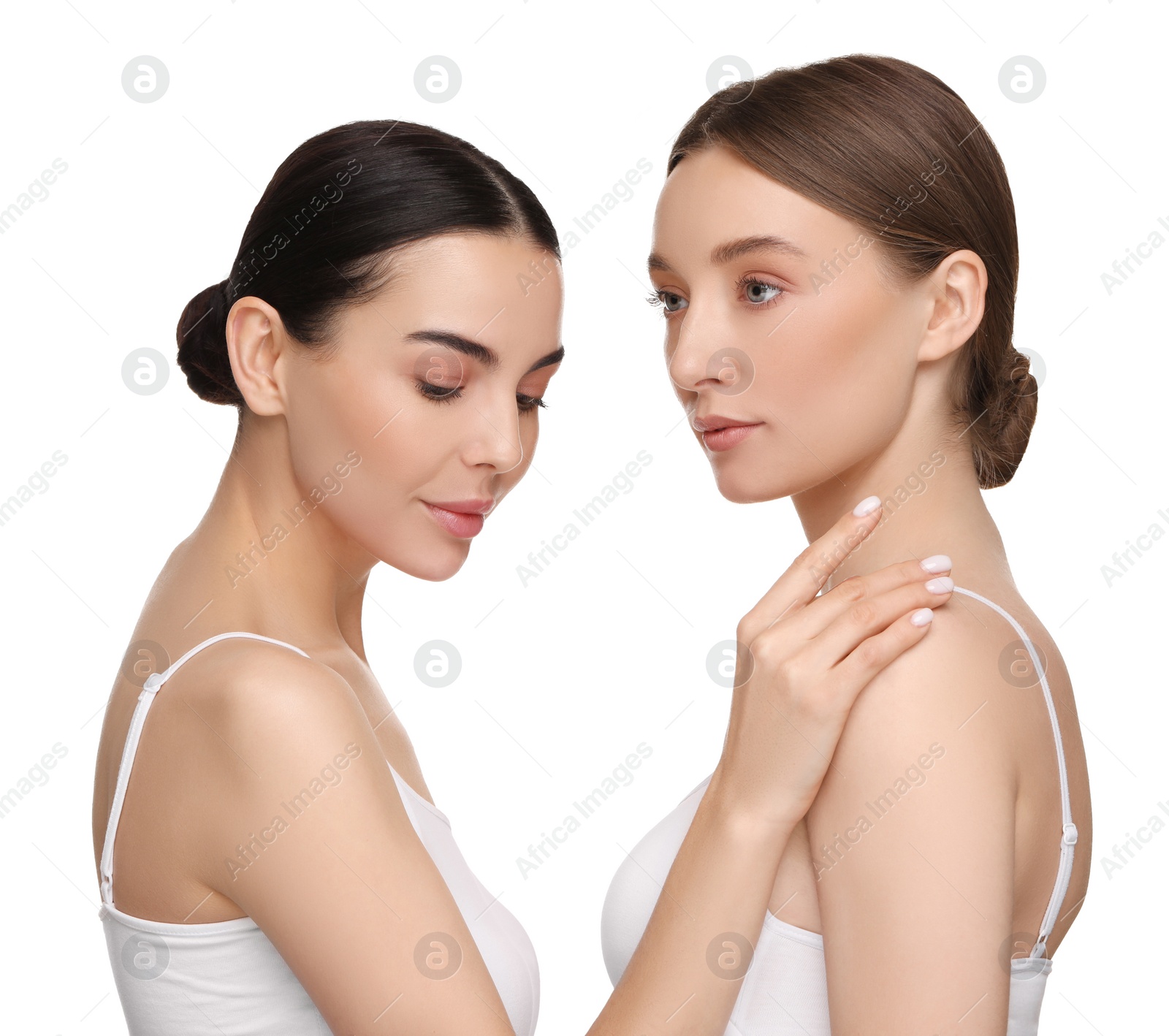 Photo of Beautiful young women with healthy skin on white background