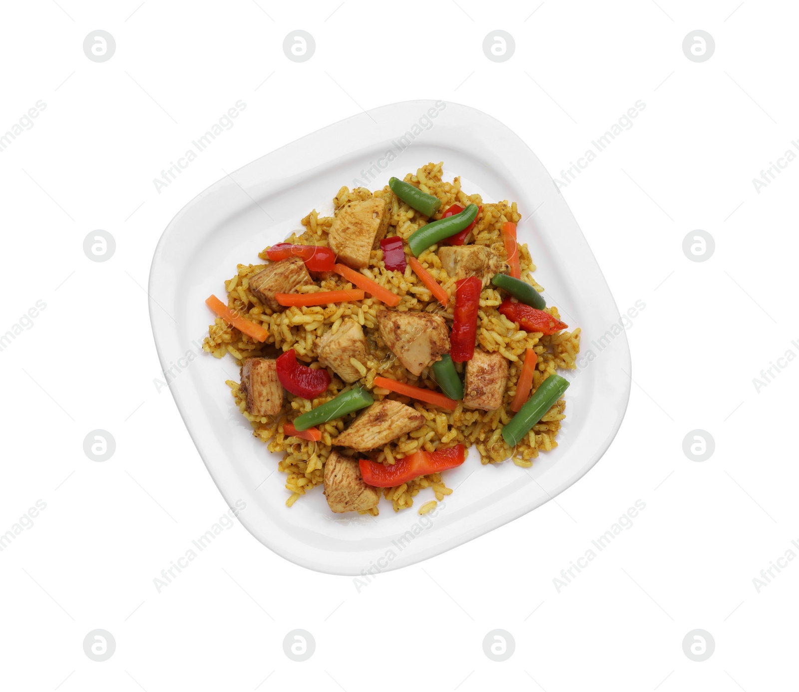 Photo of Plate of delicious rice with chicken and vegetables isolated on white