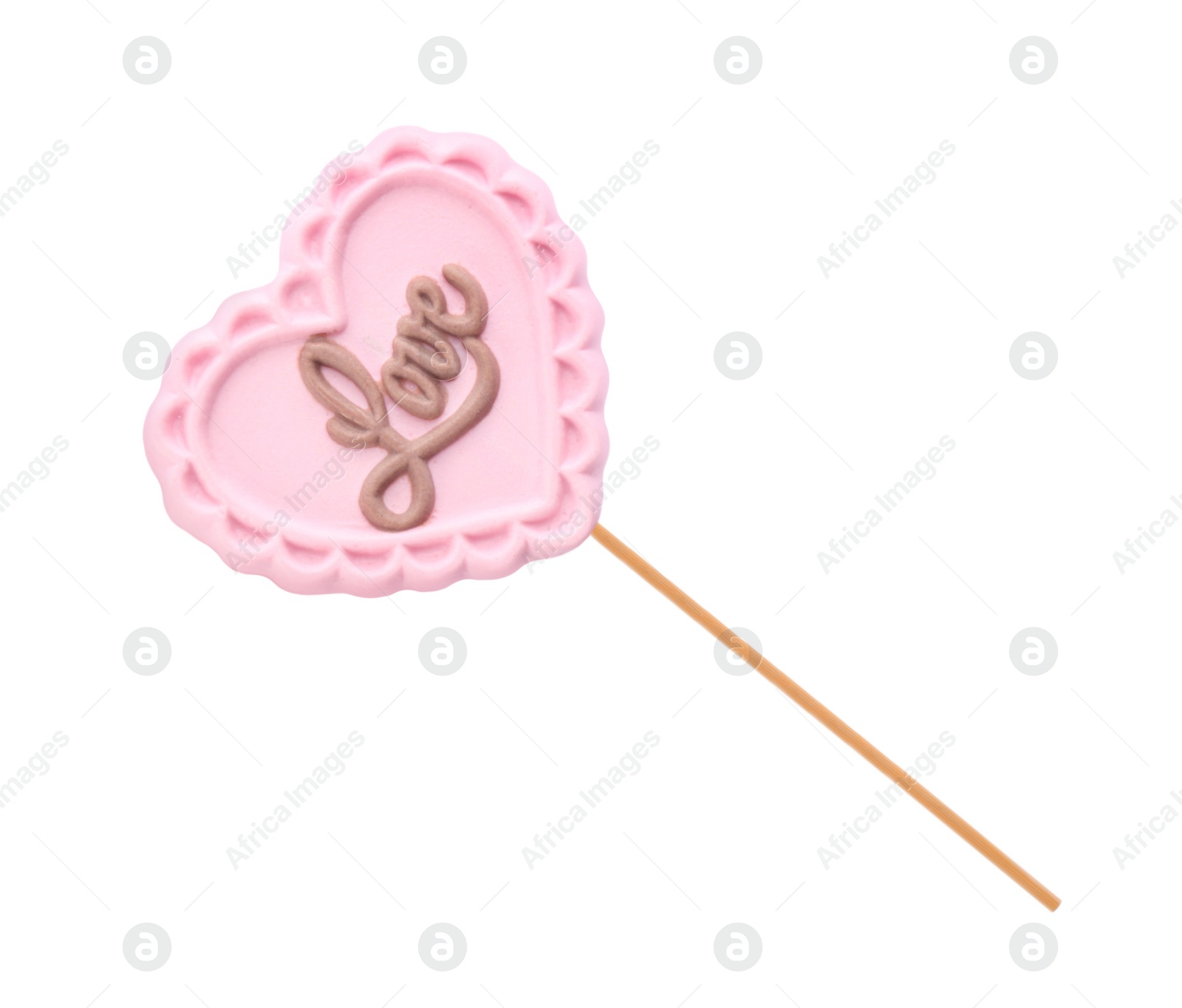 Photo of Heart shaped lollipop made of chocolate isolated on white, top view