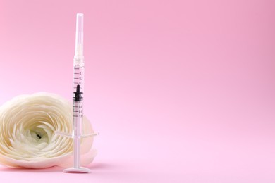 Cosmetology. Medical syringe and ranunculus flower on pink background, space for text