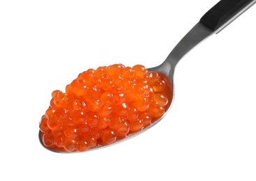 Spoon with delicious red caviar on white background