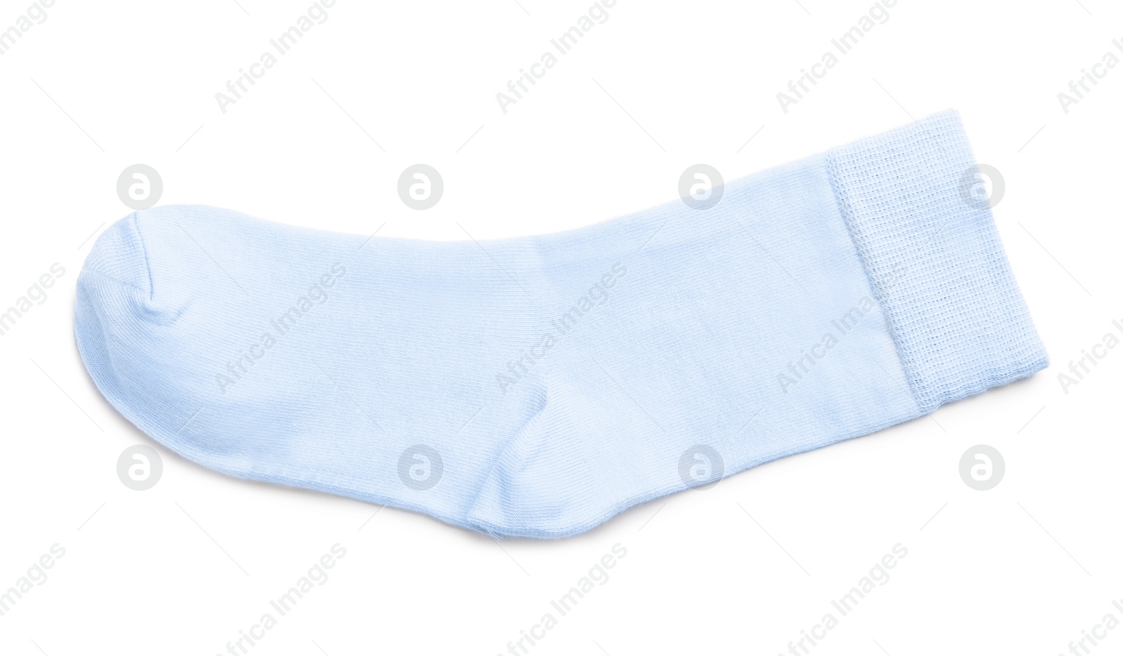 Photo of New light blue sock isolated on white, top view