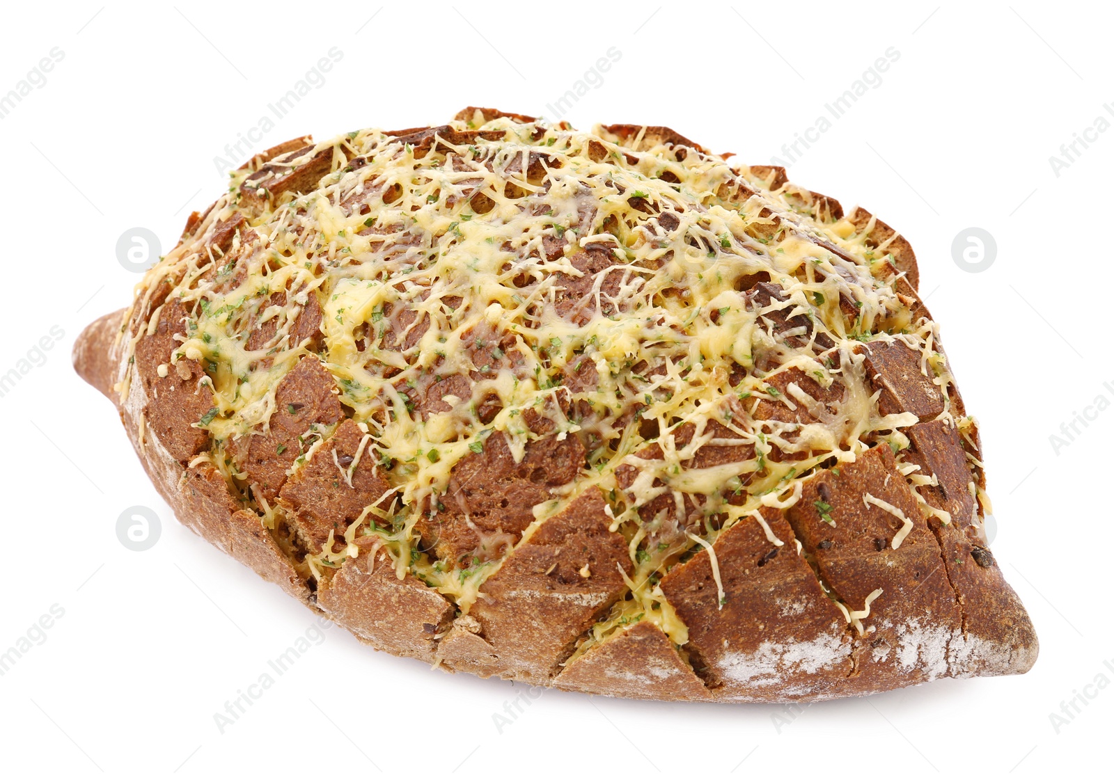 Photo of Tasty homemade garlic bread with cheese and herbs on white background