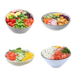 Image of Collage of different poke bowls isolated on white