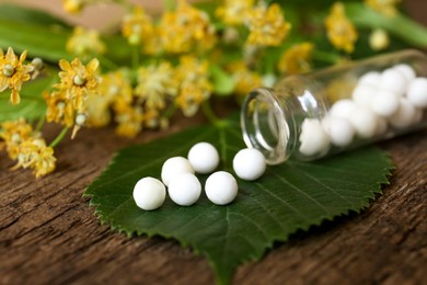Photo of Bottle of homeopathic remedy, linden flowers and leaves on wooden background, closeup