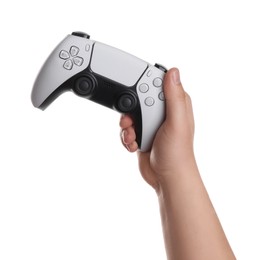 Photo of Woman holding wireless game controller on white background, closeup