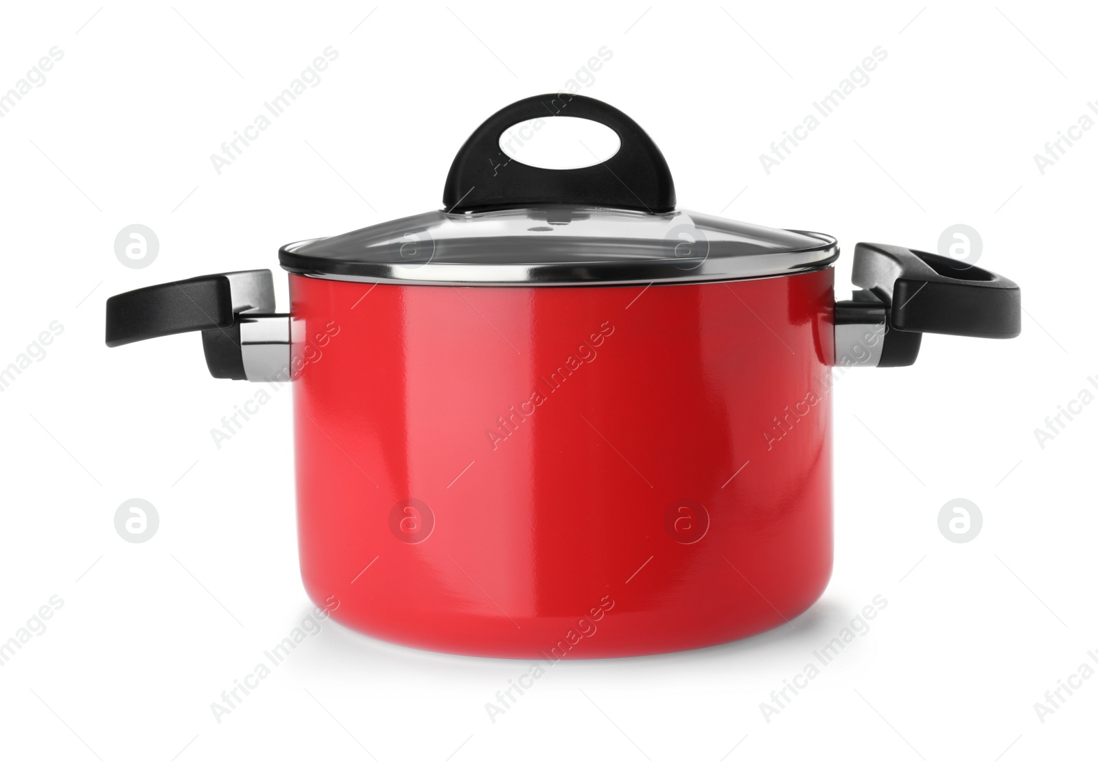 Photo of Modern red clean saucepan with lid isolated on white