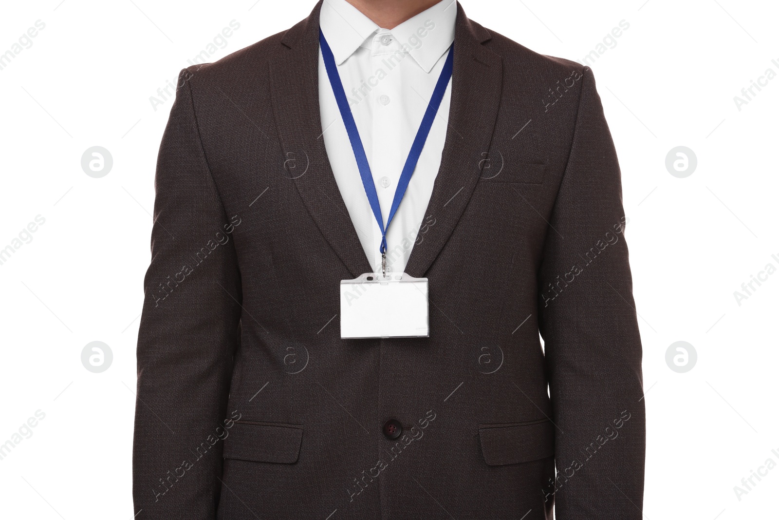 Photo of Man with blank badge isolated on white, closeup