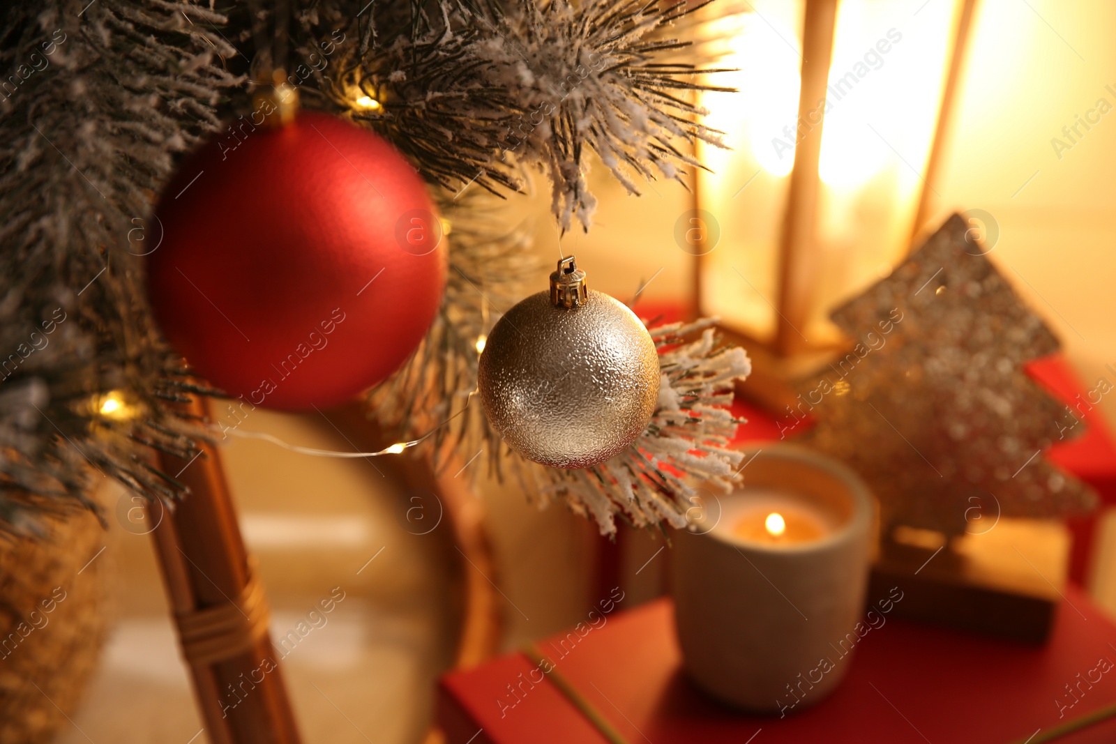 Photo of Beautiful Christmas tree with decor indoors, closeup