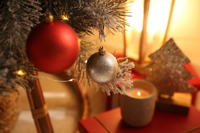 Photo of Beautiful Christmas tree with decor indoors, closeup