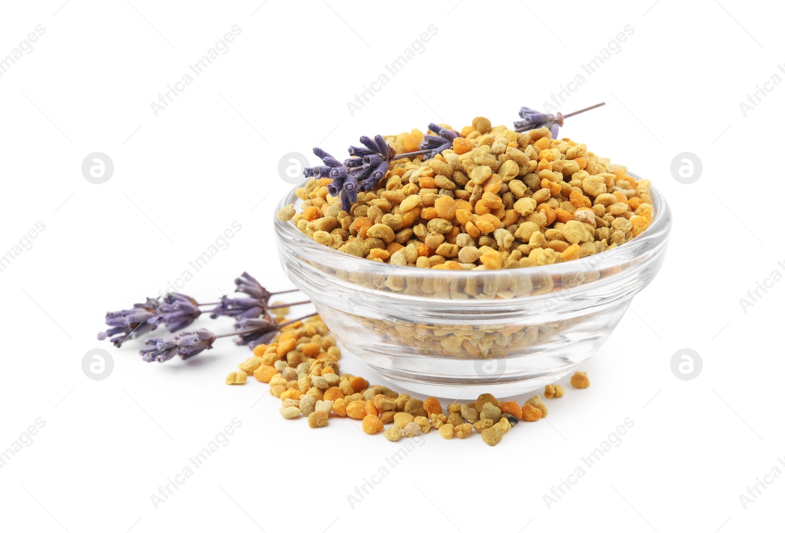 Photo of Fresh bee pollen granules in bowl and lavender isolated on white