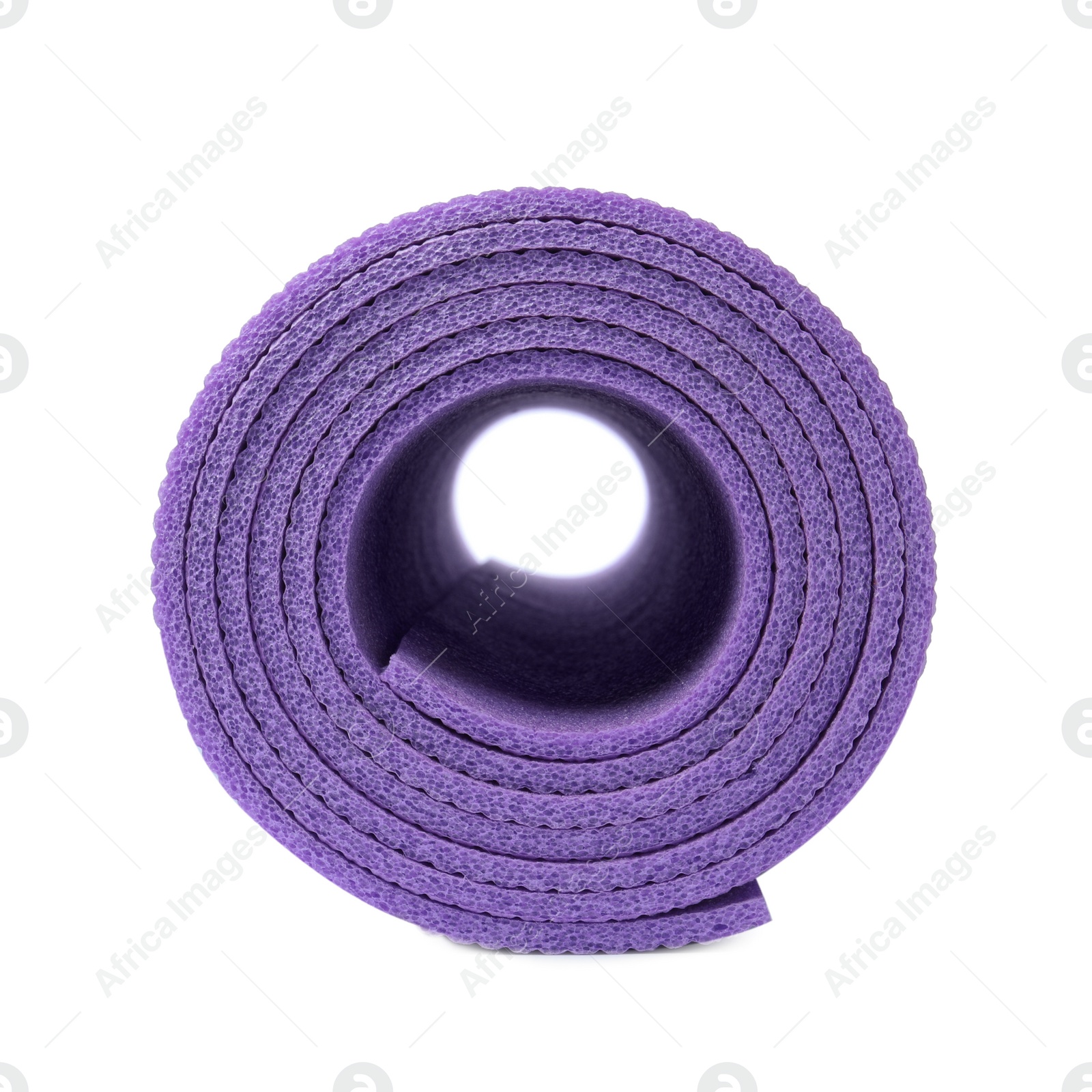 Photo of Rolled violet camping mat isolated on white