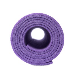 Photo of Rolled violet camping mat isolated on white