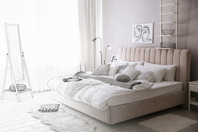 Image of Stylish bedroom interior with modern furniture. Combination of photo and sketch