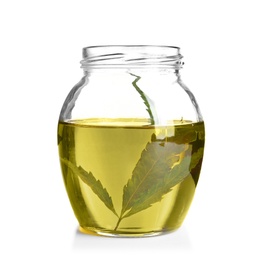 Photo of Jar with hemp oil and leaf on white background