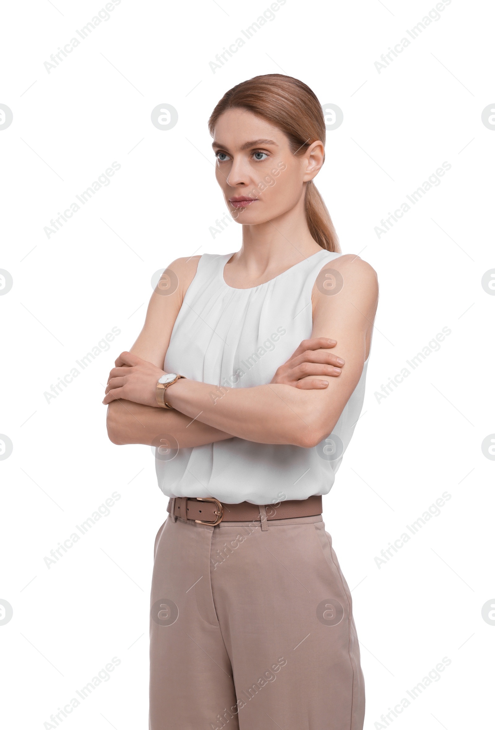 Photo of Beautiful businesswoman crossing arms on white background