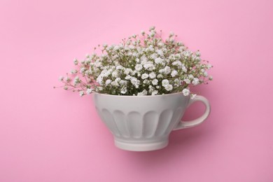 Photo of Beautiful gypsophila in white cup on pink background, top view