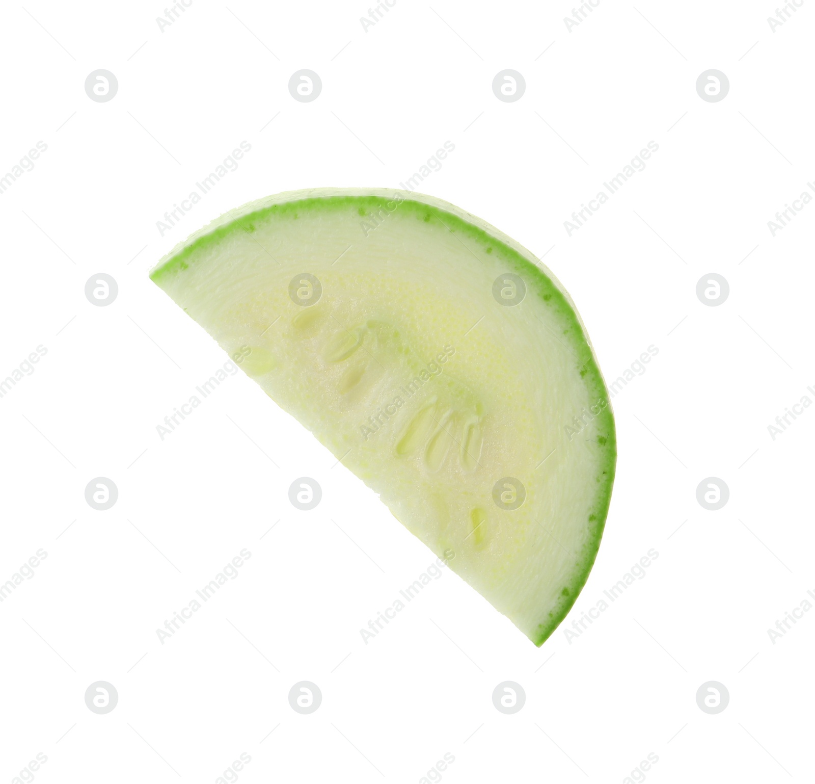 Photo of Slice of ripe zucchini isolated on white, top view