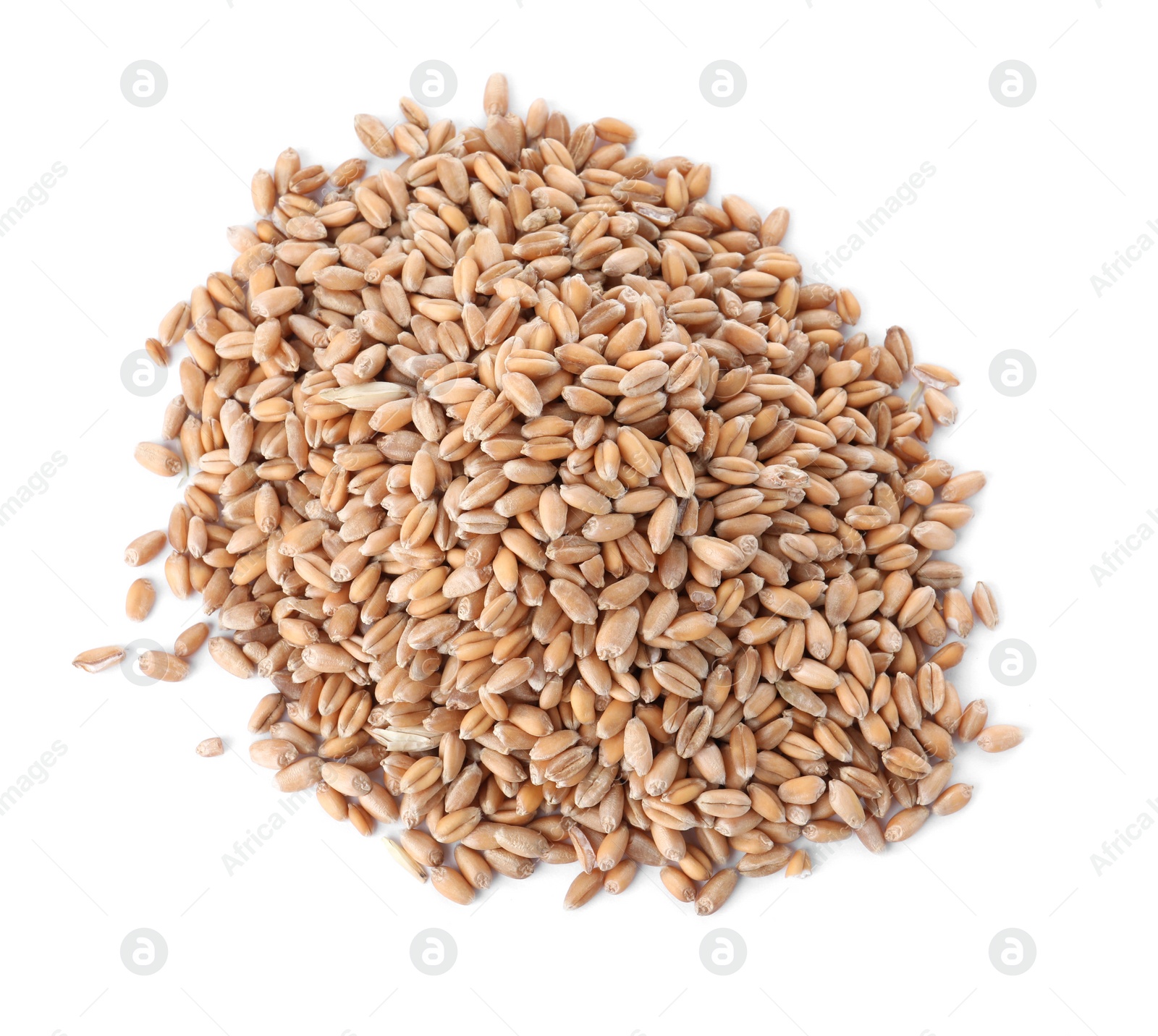 Photo of Pile of wheat grains on white background, top view. Cereal crop