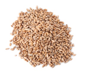 Photo of Pile of wheat grains on white background, top view. Cereal crop