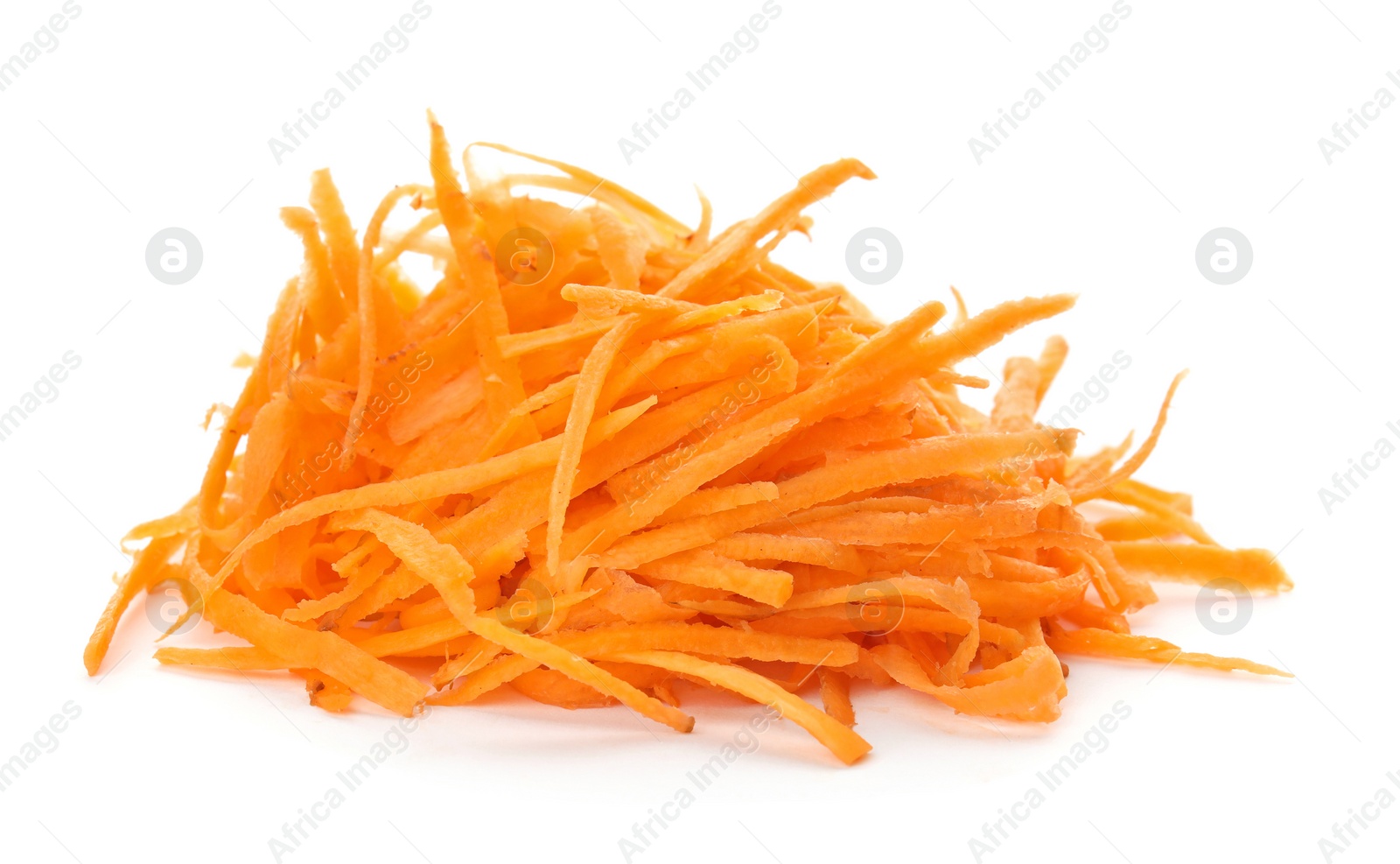 Photo of Grated ripe carrot on white background