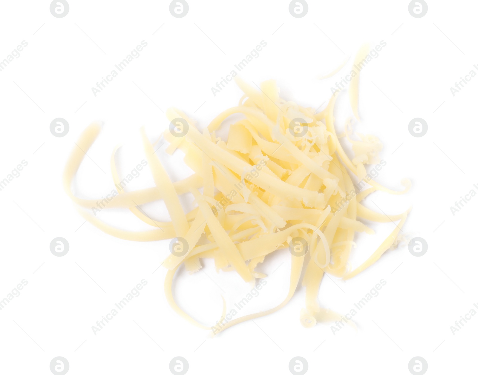 Photo of Pile of tasty grated cheese isolated on white, top view