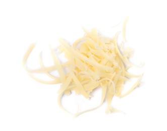 Pile of tasty grated cheese isolated on white, top view