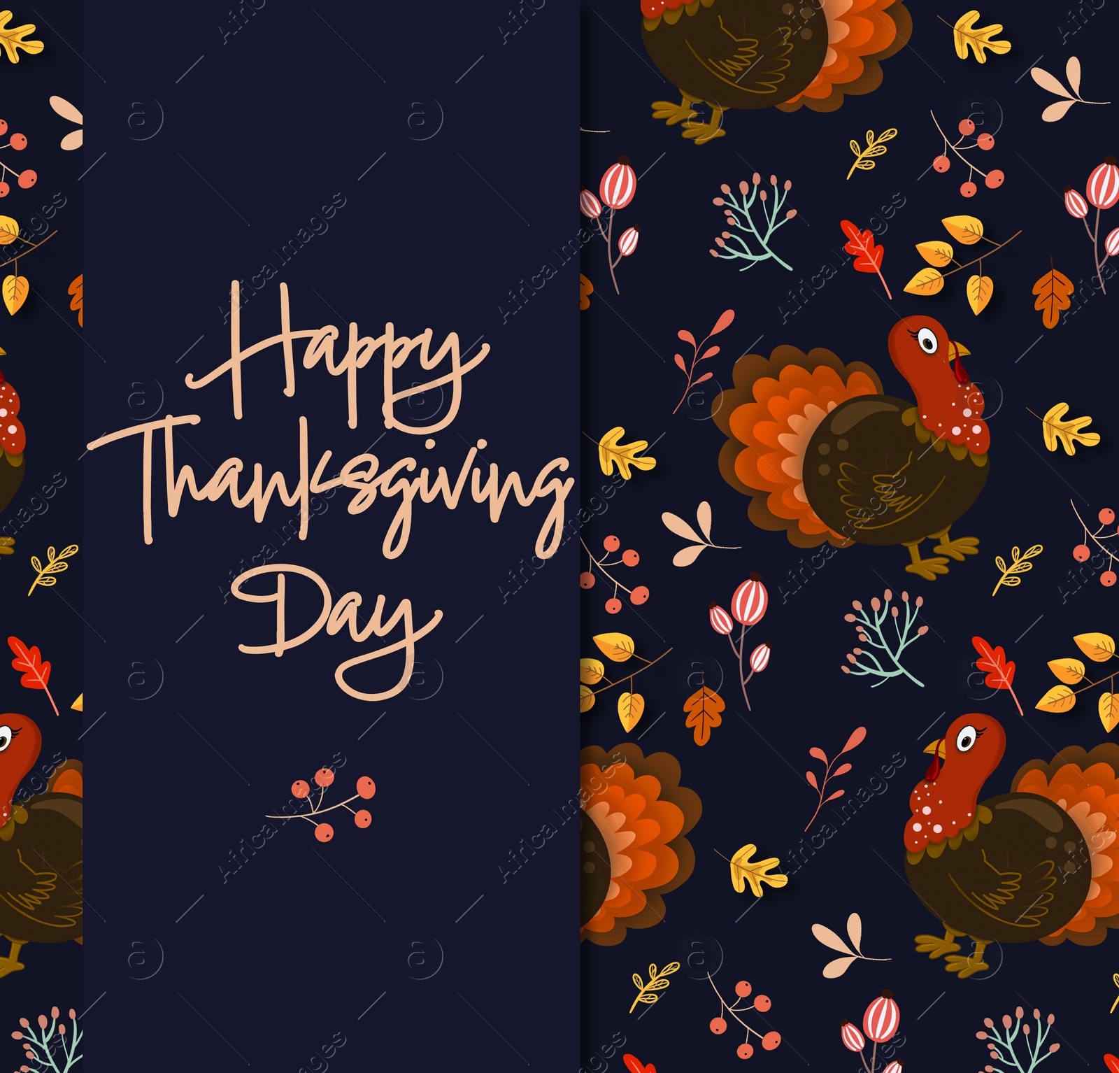 Illustration of Thanksgiving day card design. Text, pattern of autumn leaves and turkey on dark blue background, illustration