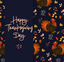 Illustration of Thanksgiving day card design. Text, pattern of autumn leaves and turkey on dark blue background, illustration