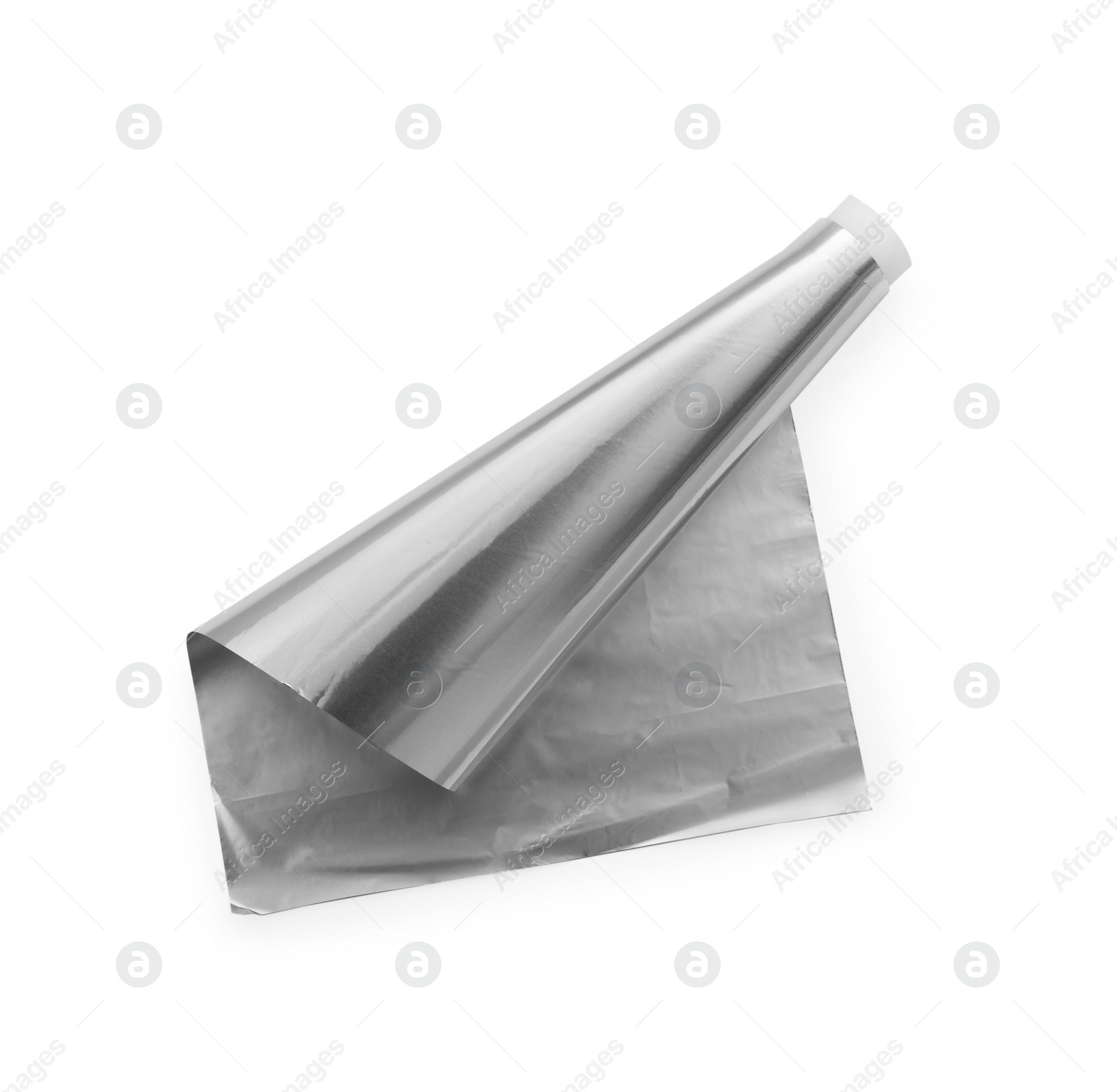 Photo of One roll of aluminum foil isolated on white, top view