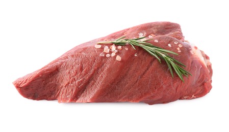 Photo of Piece of raw beef meat with spices and rosemary isolated on white