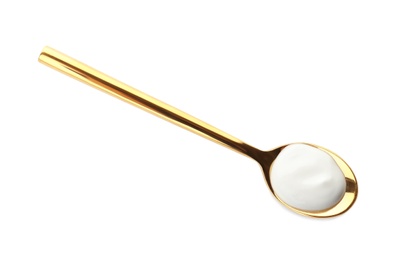 Photo of Spoon with yummy yogurt on white background