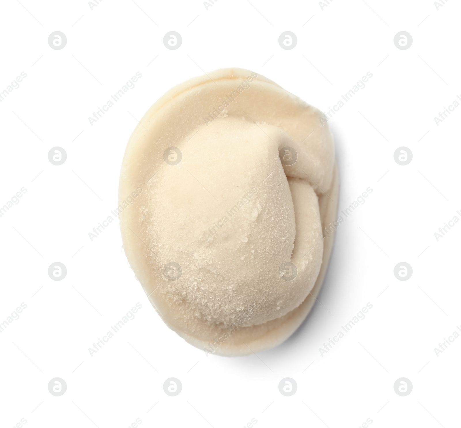 Photo of Frozen raw dumpling on white background, top view