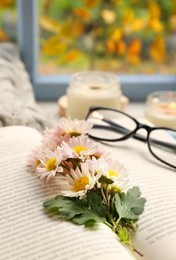 Open book with chamomile flowers as bookmark, scented candle and glasses on table near window, closeup. Space for text